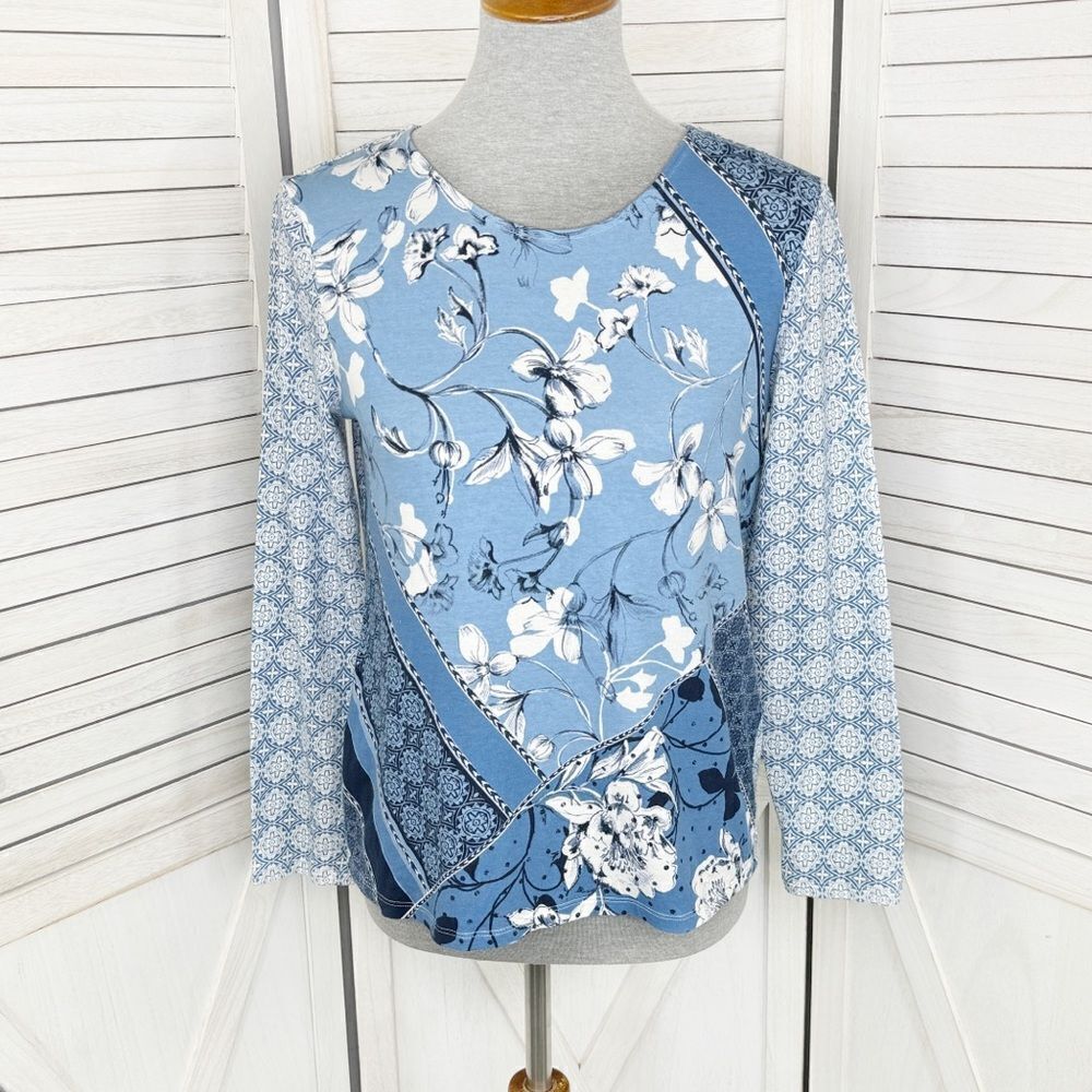 Chico's French Floral Patchwork Top Shirt‎ Blue White Small Long Sleeve Tee